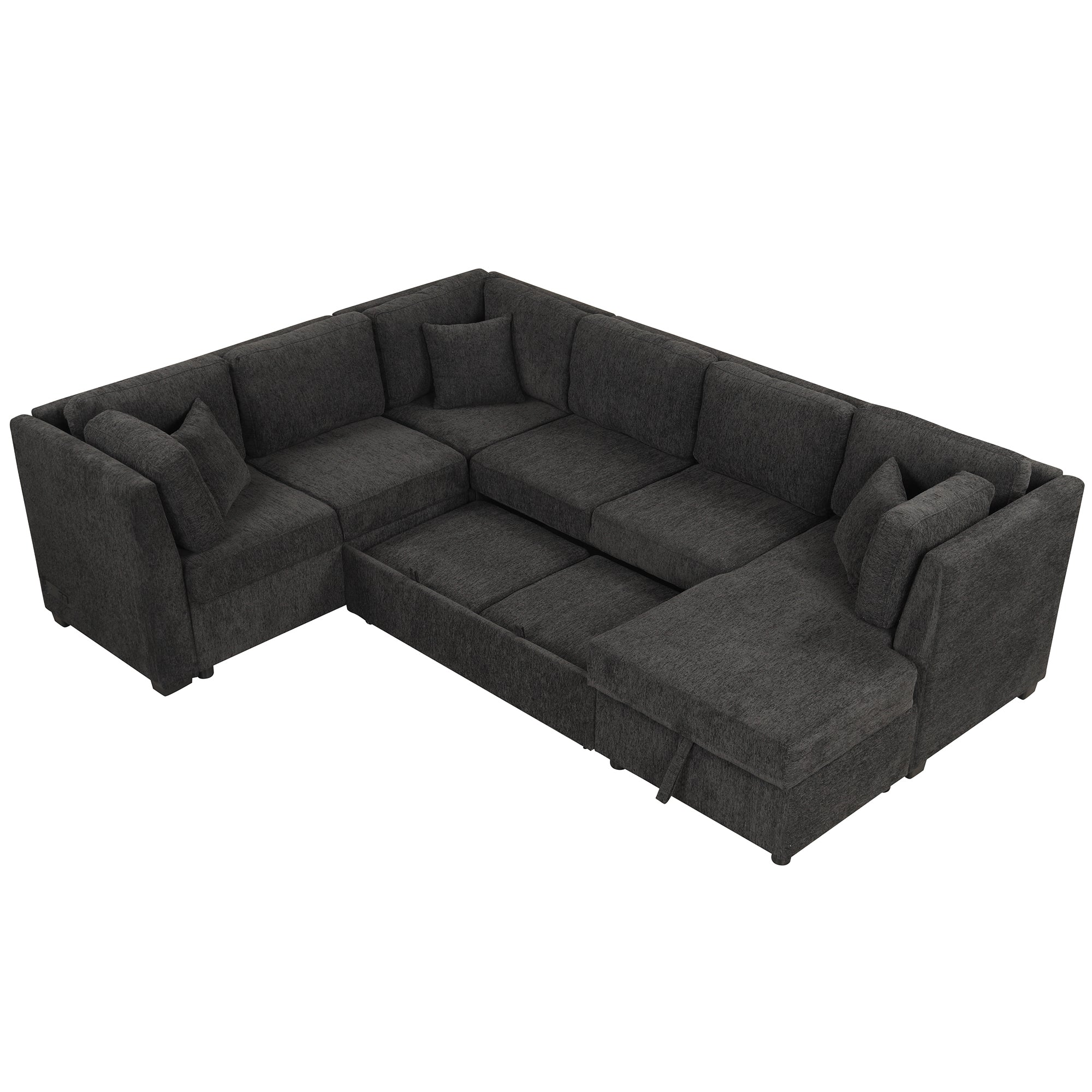 U-shaped Sectional Sofa Pull Out Bed with USB Ports, Power Sockets, Back Pillows & Storage Chaise, Black Chenille, 108.6' - Grand Goldman Shop