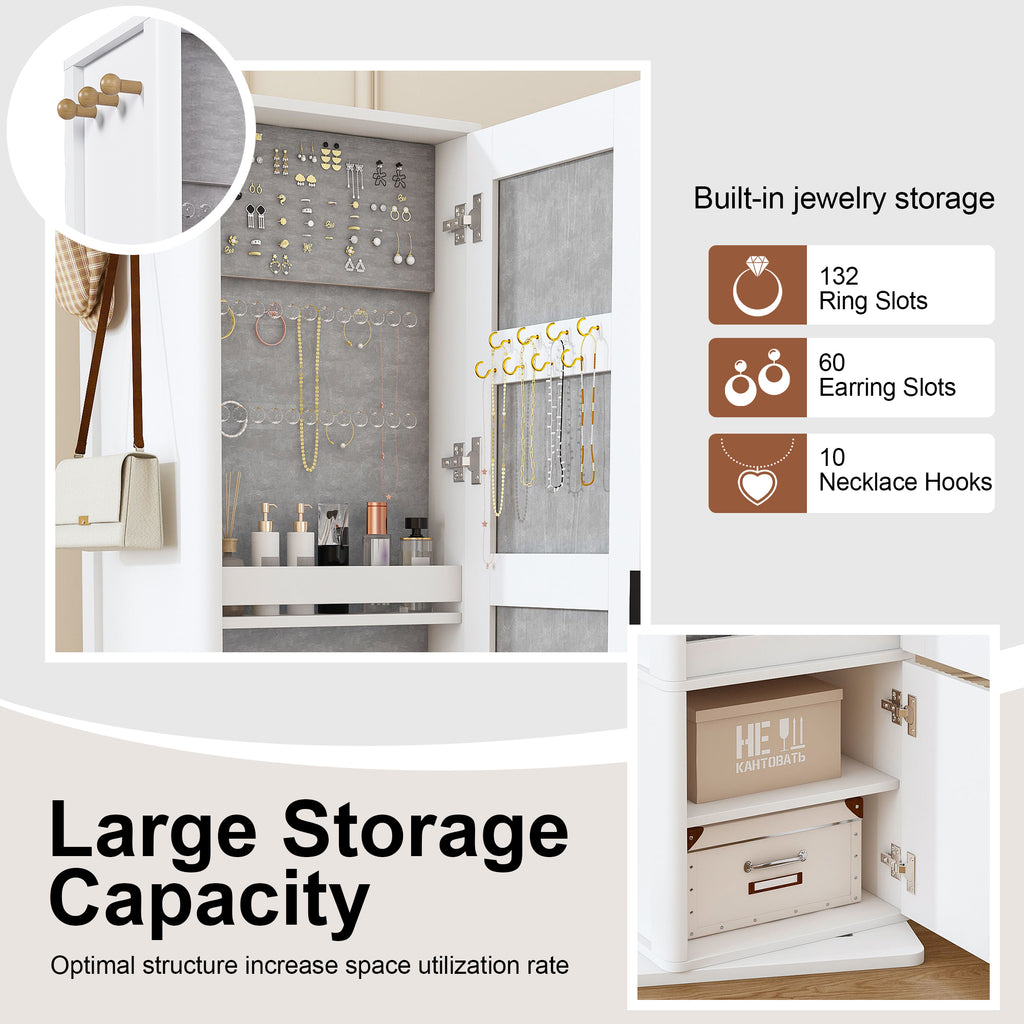 360° Rotating White Makeup Cabinet with Full-Length Mirror, Jewelry Storage, Coat Rack, 4 Open Shelves, 2 Built-In Shelves, MDF and Glass - Grand Goldman Shop