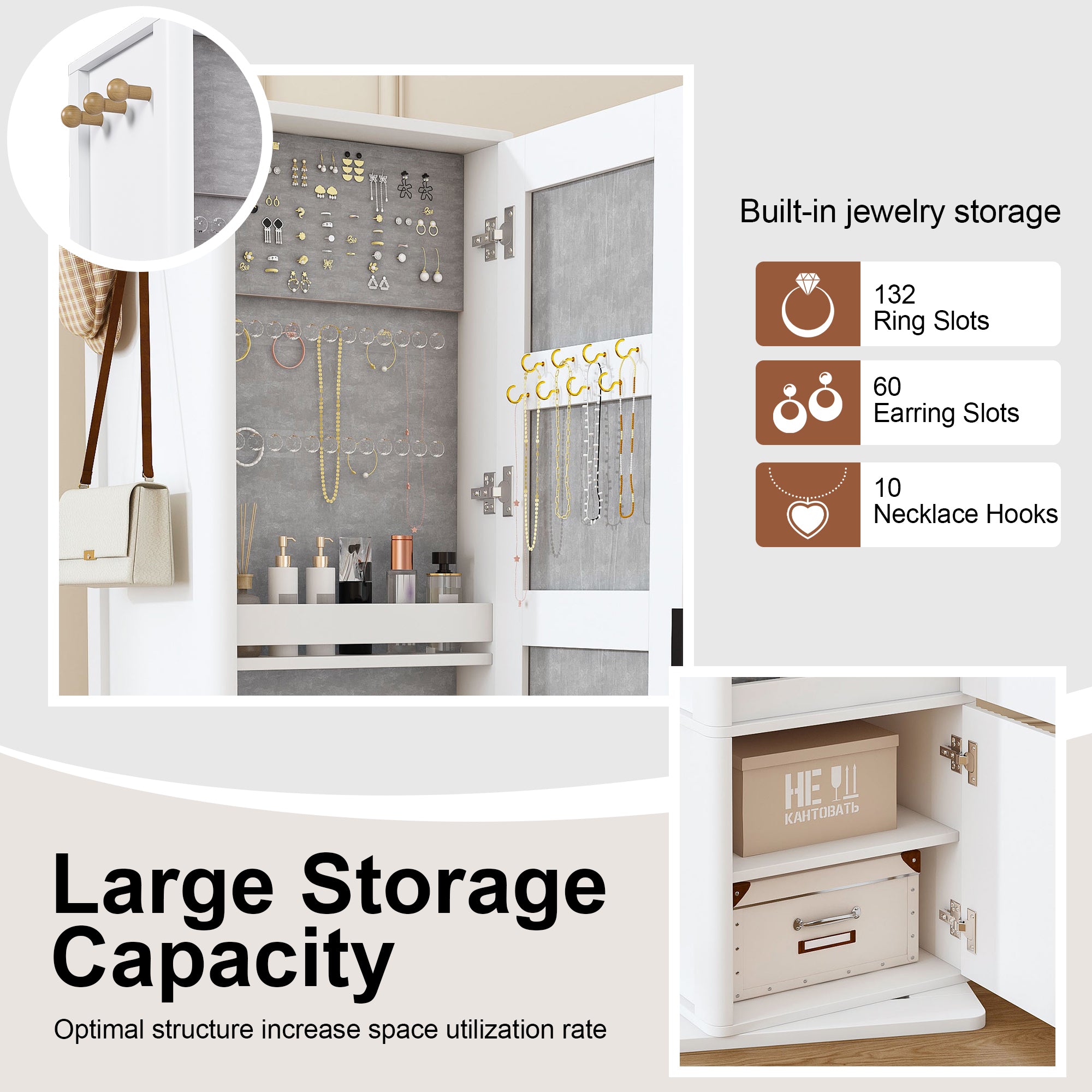 360° Rotating White Makeup Cabinet with Full-Length Mirror, Jewelry Storage, Coat Rack, 4 Open Shelves, 2 Built-In Shelves, MDF and Glass - Grand Goldman Shop