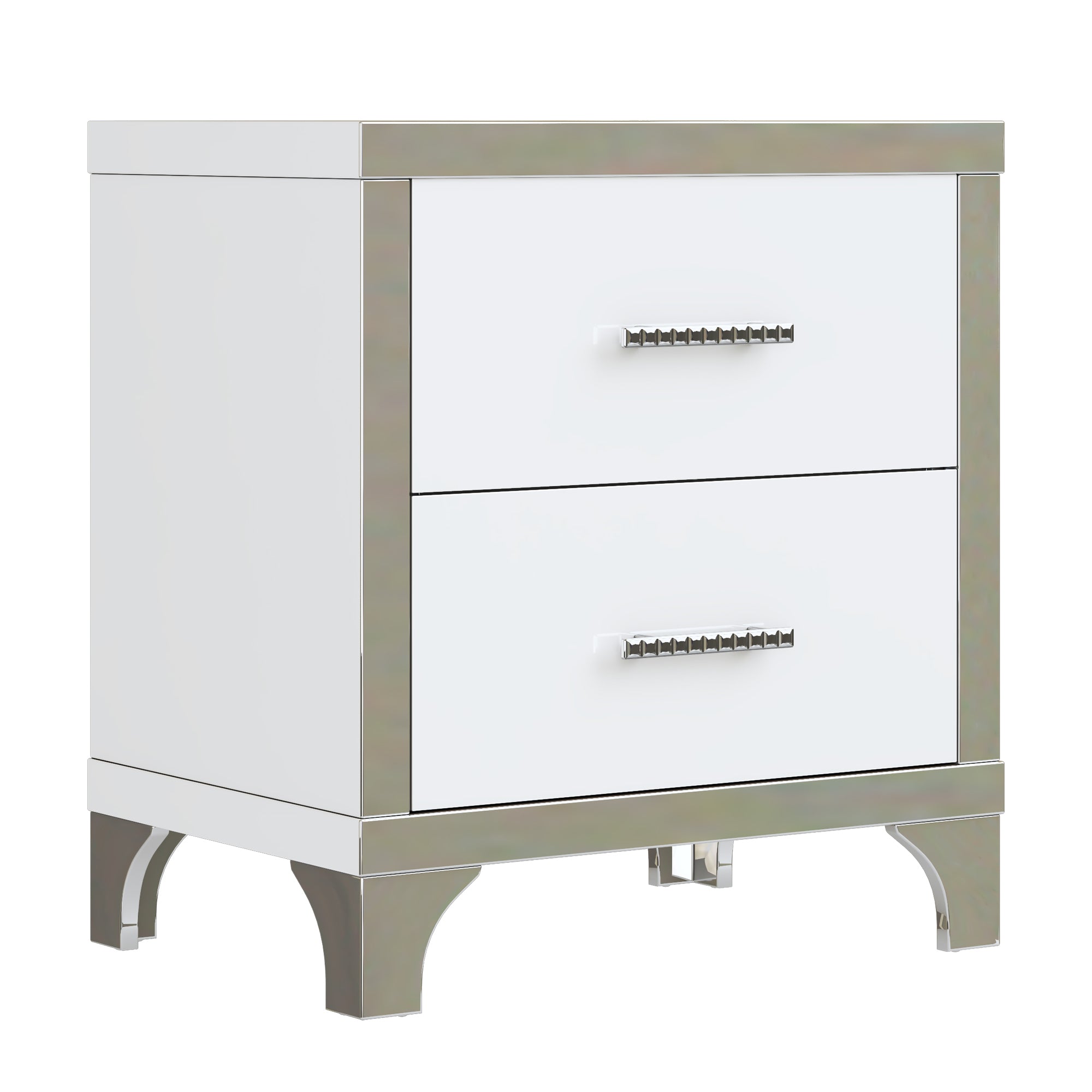 Elegant High Gloss Nightstand with Metal Handle,Mirrored Bedside Table with 2 Drawers for Bedroom,Living Room,White - Grand Goldman Shop