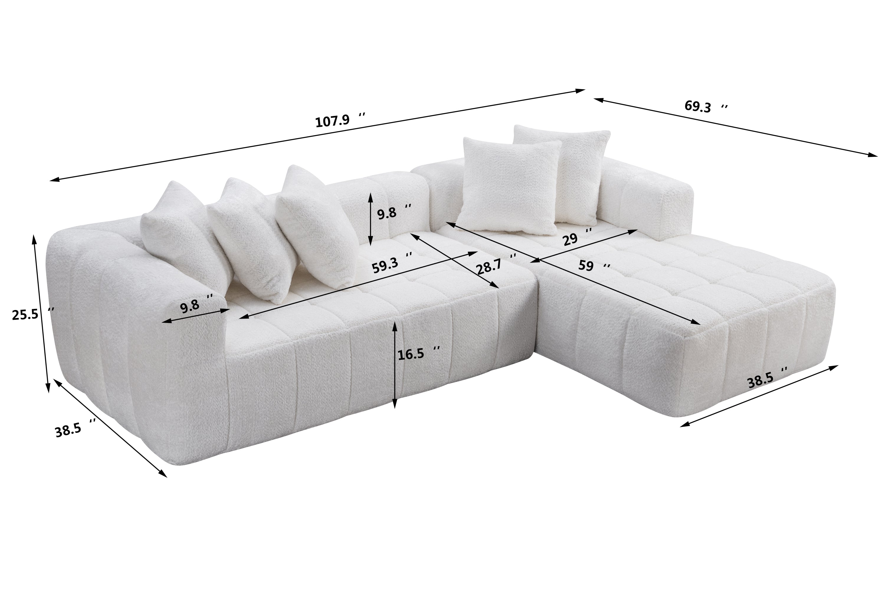 107.9'Cloud Modular Sectional Sofa Couch with L-Shape Chaise,Modern Minimalist Upholstered Couches for Living Room Bedroom,Deep Seat Corner Couch,No Assembly Required - Grand Goldman Shop