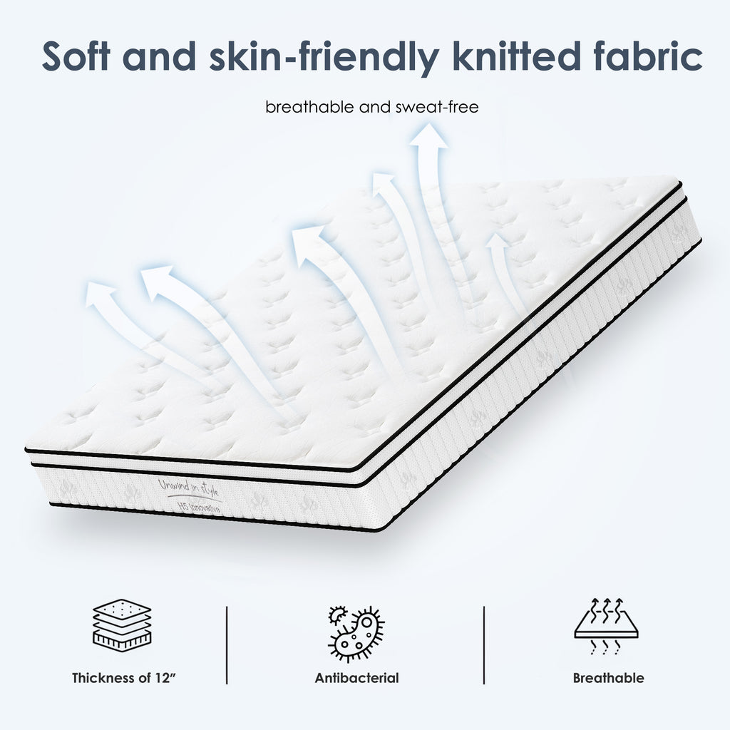 Queen Size Mattress,12 Inch Hybrid Mattress, Individually Pocketed Innerspring, Medium Firm - Grand Goldman Shop