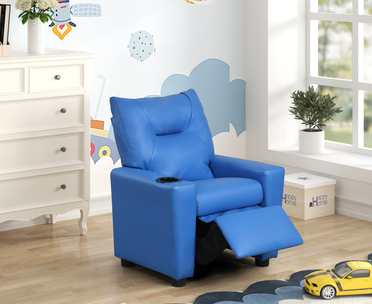 Perline 23'W Blue PU Leather Kids Recliner Chair with Cupholder - Grand Goldman