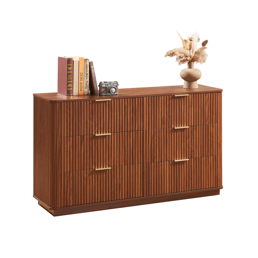 6 Drawers Dresser,55' Wide Modern Chest of Drawers Curved wave Design, Dresser TV Stand, Wood Drawer Organizer for Bedroom, Living Room, Hallway, Walnut,55.12''W x 15.75''D x 31.5''H. - Grand Goldman Shop