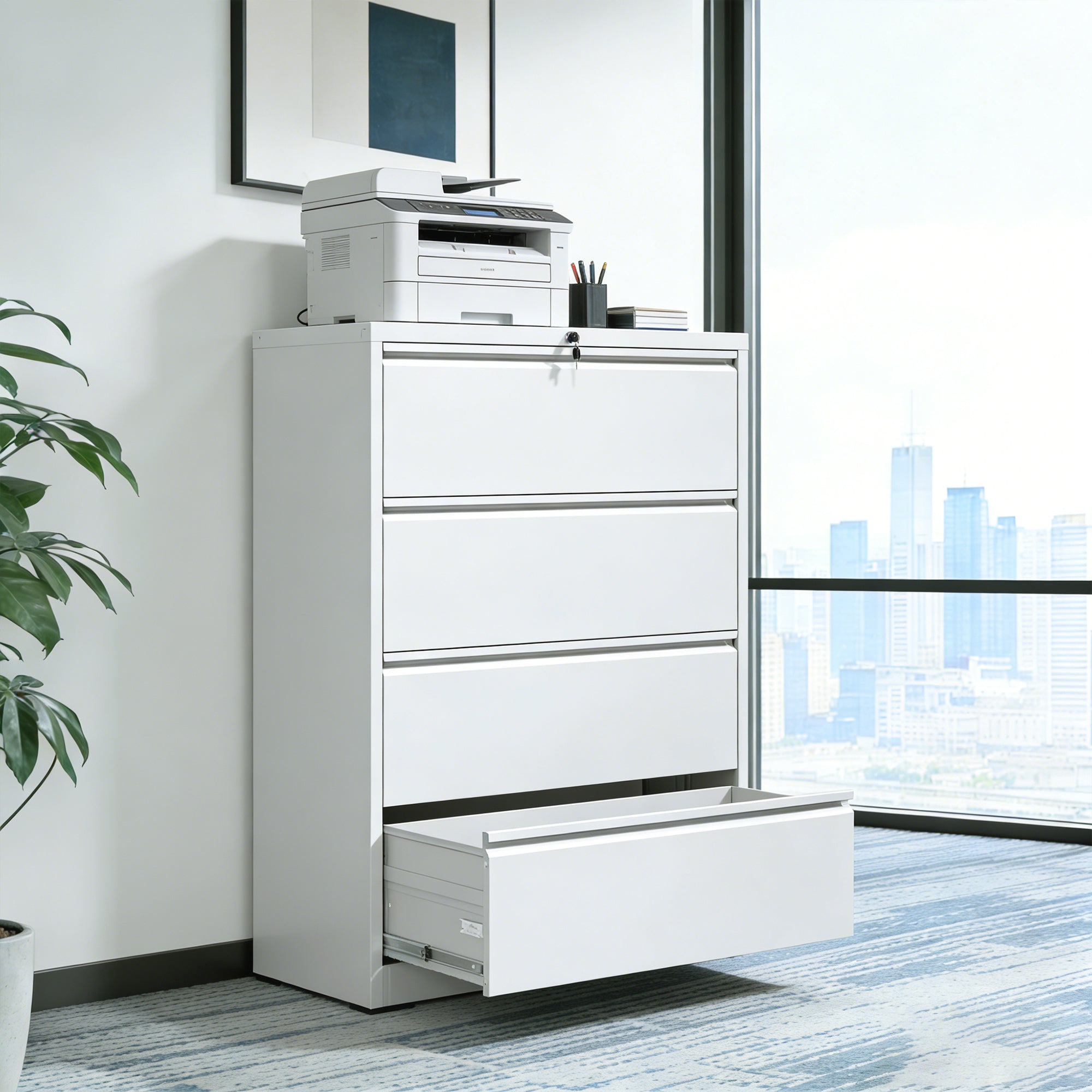 Stylish 4 Drawer Lateral File Cabinet, Heavy Duty Metal Filing Cabinet, 35.4 Inch Wide Locking File Cabinet for Home Office, 