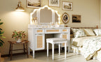 44.37 ' Makeup Vanity Desk with 13 Hollywood Bulbs and 3 Lighting Modes, Dressing Table with Tri-Fold Mirror   Large Vanity Table with 5 Drawers and Shelves and  Charging Station for Bedroom, White - Grand Goldman Shop