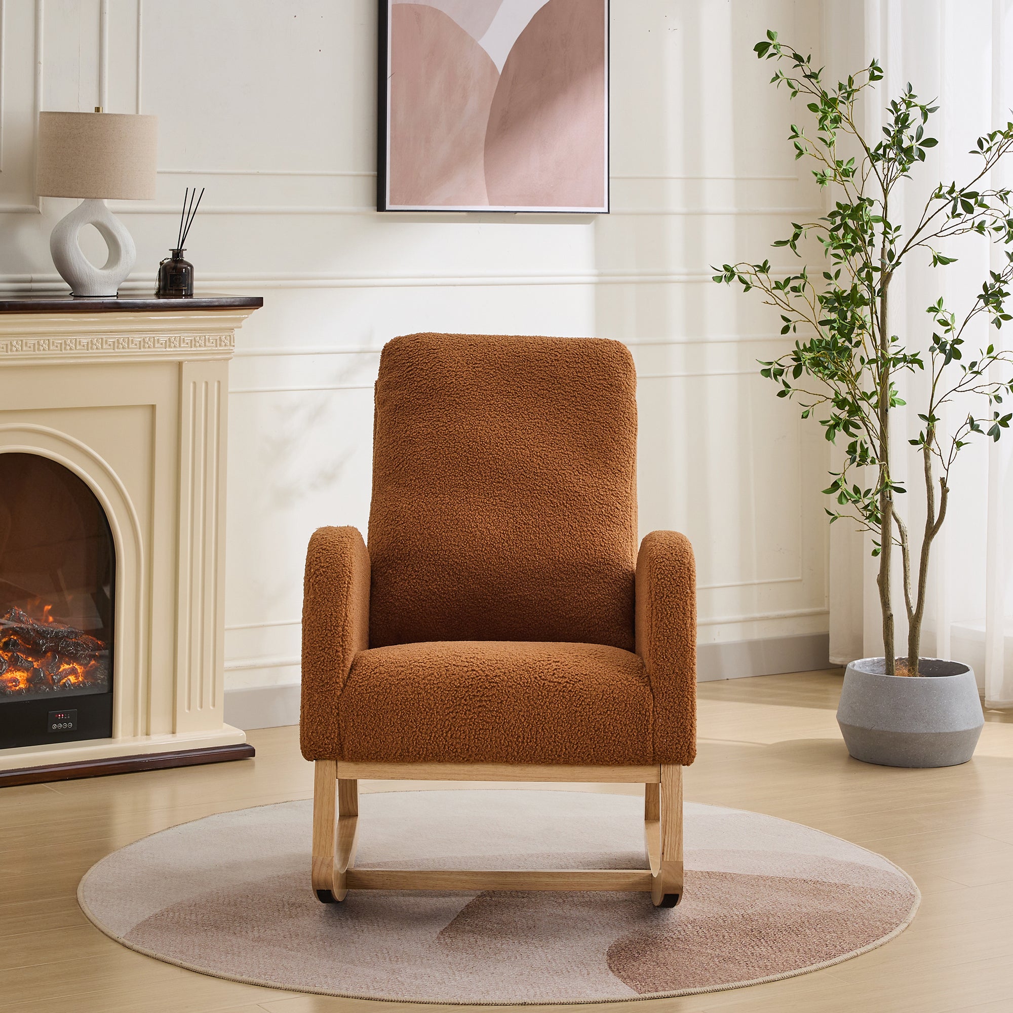 27.2'W Rocking Chair for Nursery, Sherpa Glider Chair with High Back and Side Pocket, Rocking Accent Armchair with Rubber Wood Legs for Living Room/Bedroom.Caramel - Grand Goldman Shop