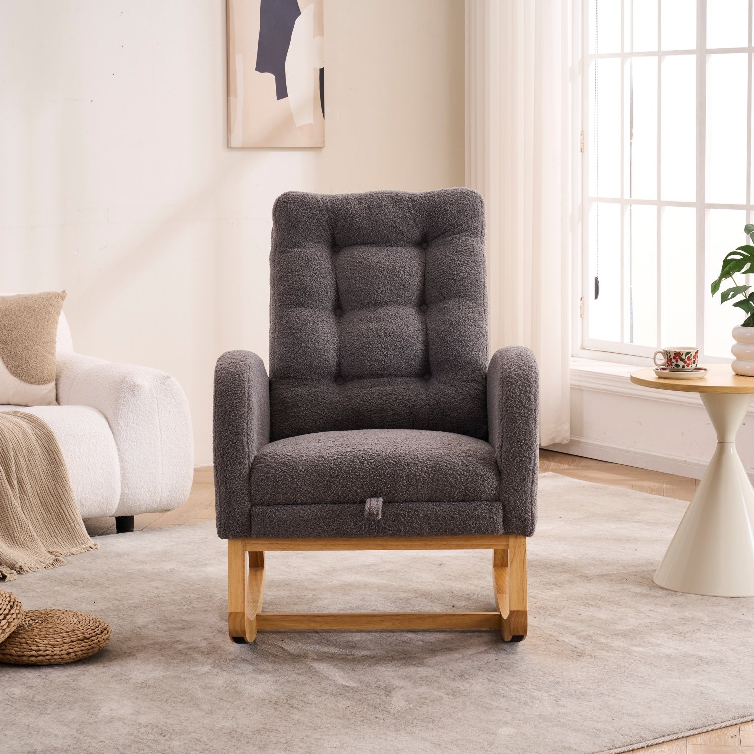 LY-5104 Dark Gray  Accent Rocking  Chair with  Footrest High Back Rubber Wood Rocking Legs Bedroom Living Space   26.77D X 38.36W X 39.76H Inch - Grand Goldman Shop