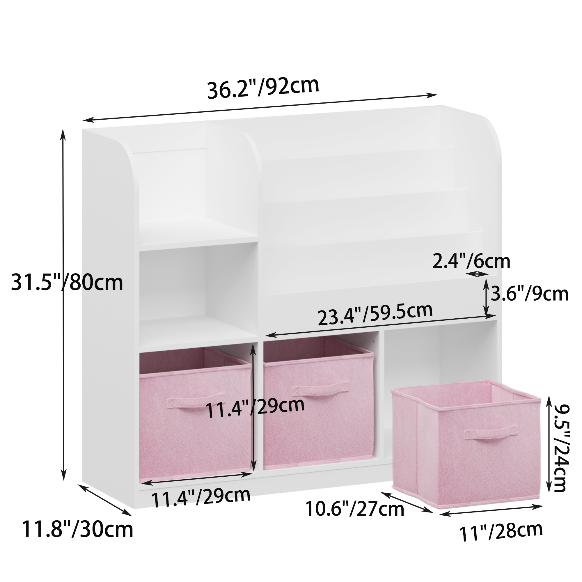 Kids Bookcase and Bookshelf with 3 Collapsible Fabric Drawers, Multifunctional White/Pink Display Stand for Bedroom, Playroom
