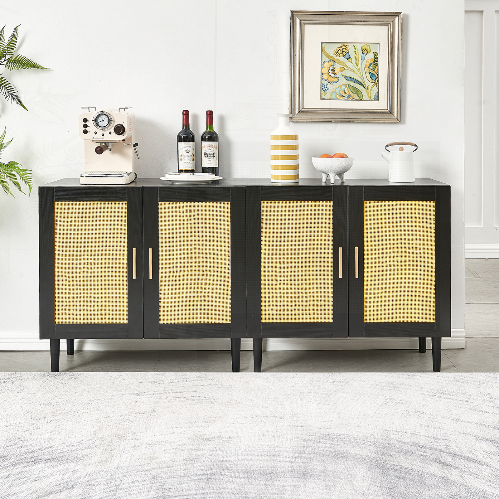 Side panel buffet cabinet with natural rattan door, rattan storage cabinet with adjustable shelves, side panel and buffet with storage space, modern console cabinet in bedroom and living room - Grand Goldman Shop