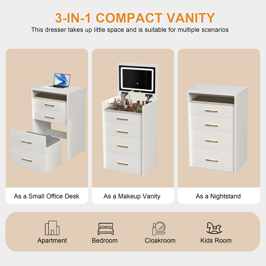 Compact 3 in 1 Vanity Desk with Open Top Mirror, Glass Desktop, White MDF, 50.39' Height - Grand Goldman Shop