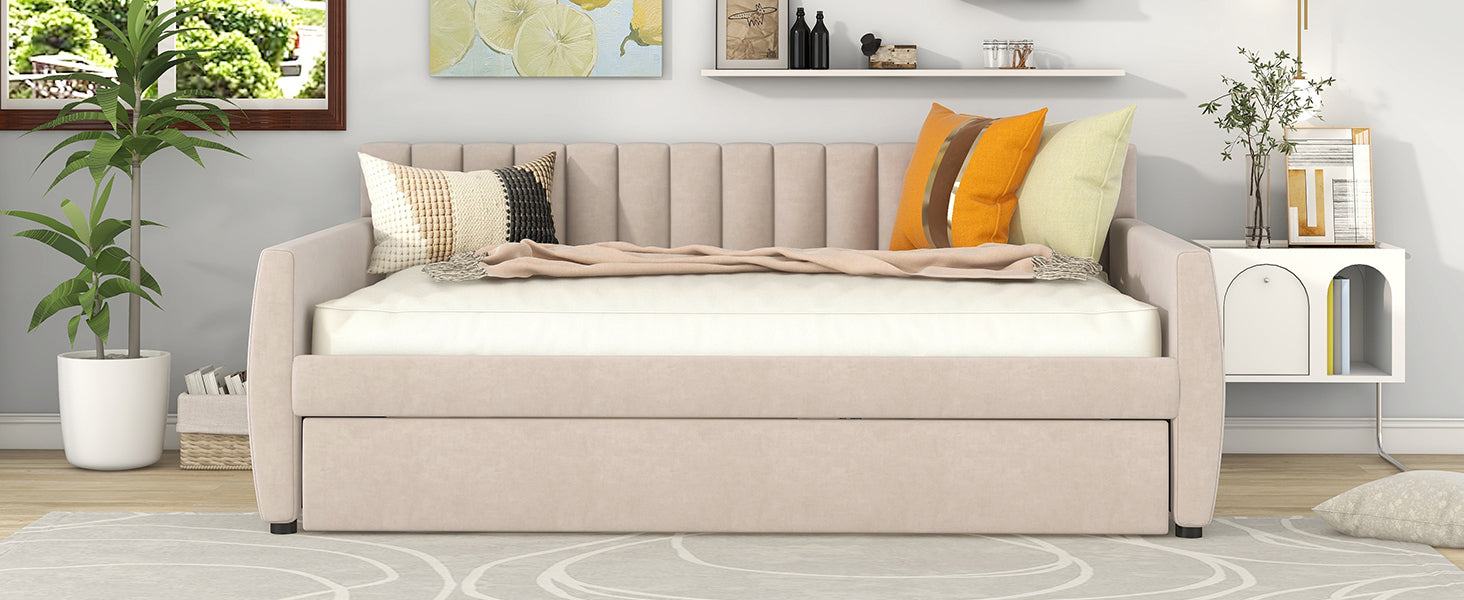 Full Size Upholstered daybed with Trundle and Wood Slat Support, Beige(Old SKU:LP000121AAA) - Grand Goldman Shop