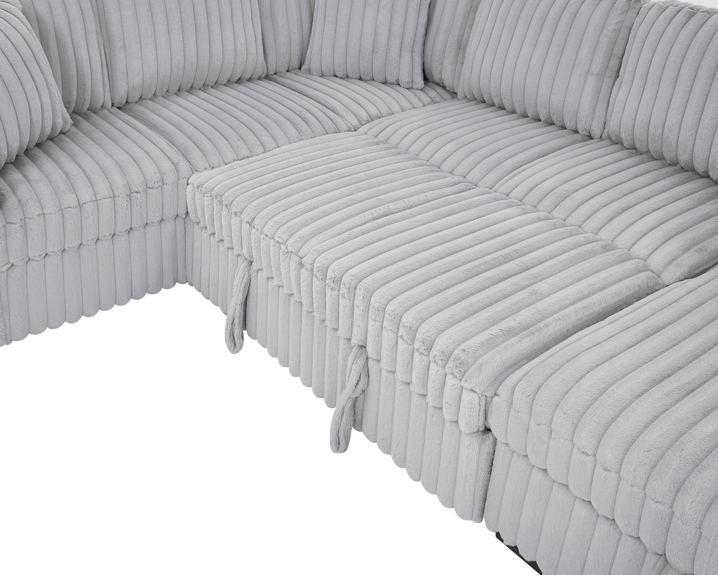 122 Inch Pull Out Couch, Rabbit plush Fabric Sofa Bed with USB Ports & Comfy Upholstered, Oversized U Shape Sectional Sleeper Sofa Bed with Storage Chaise, Grey - Grand Goldman Shop