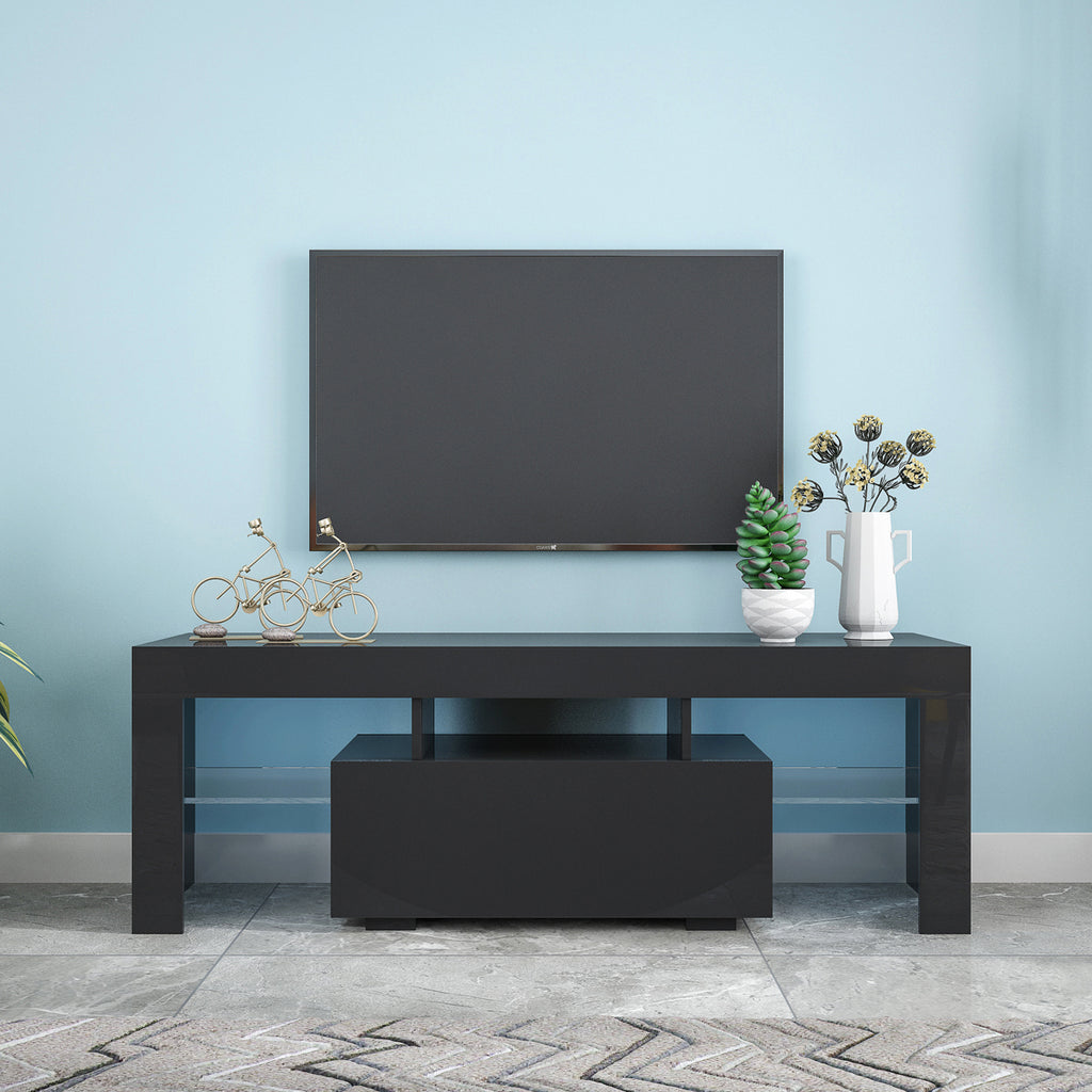 Black TV Stand with LED RGB Lights,Flat Screen TV Cabinet, Gaming Consoles - in Lounge Room, Living Room and Bedroom(Black) - Grand Goldman Shop