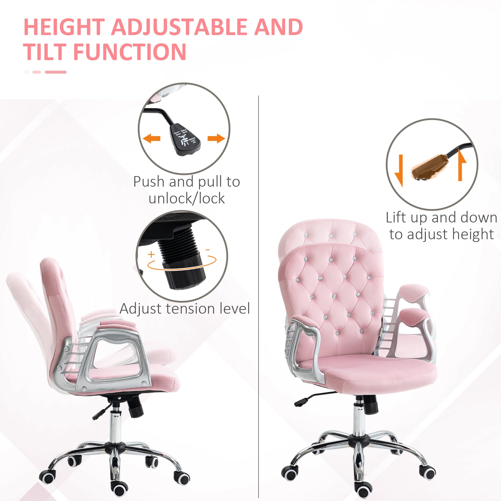 Vinsetto Velvet Home Office Chair, Button Tufted Desk Chair with Padded Armrests, Adjustable Height and Swivel Wheels, Pink |