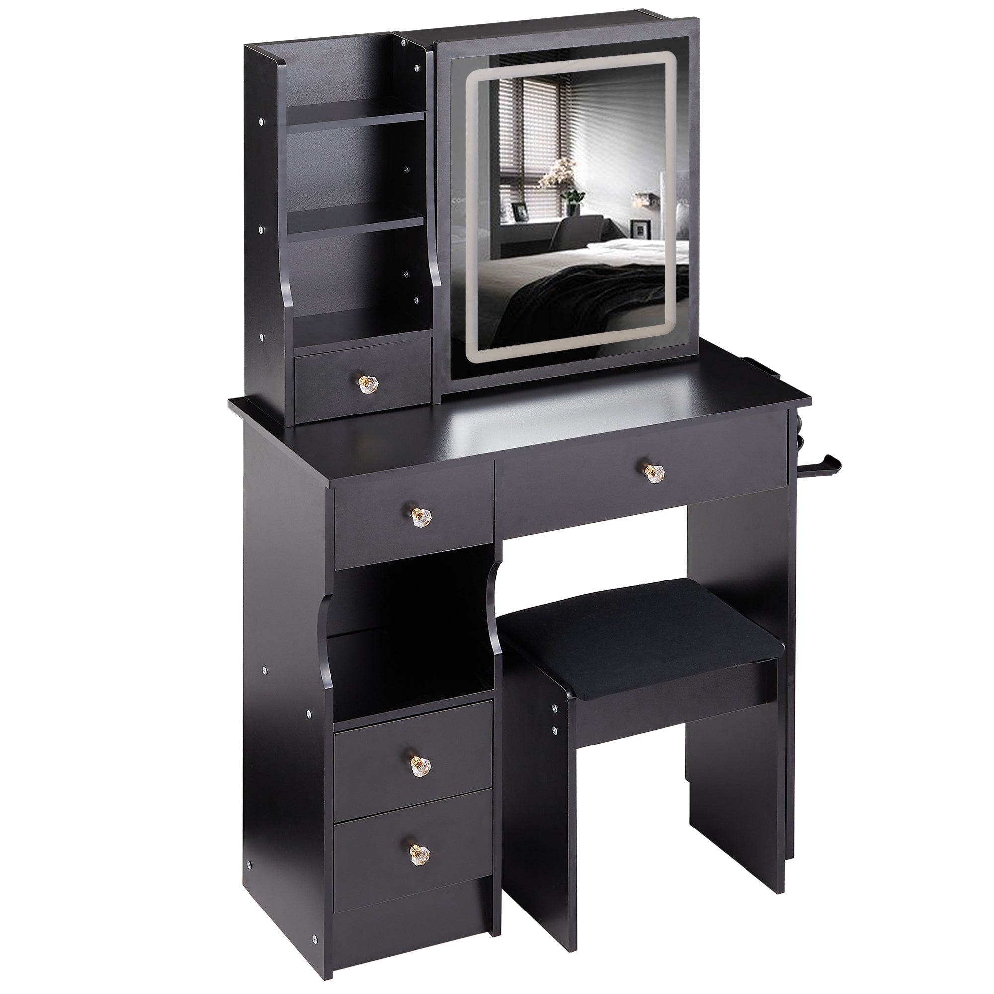 29.2' Small Size Drawer Desktop Vanity Table + Cushioned Stool, 2 AC+2 USB Power Station, Hair dryer bracket, Extra Large Touch Control Sliding LED Mirror, 3-color Switching, EPA, GCC, UL Certificate - Grand Goldman Shop