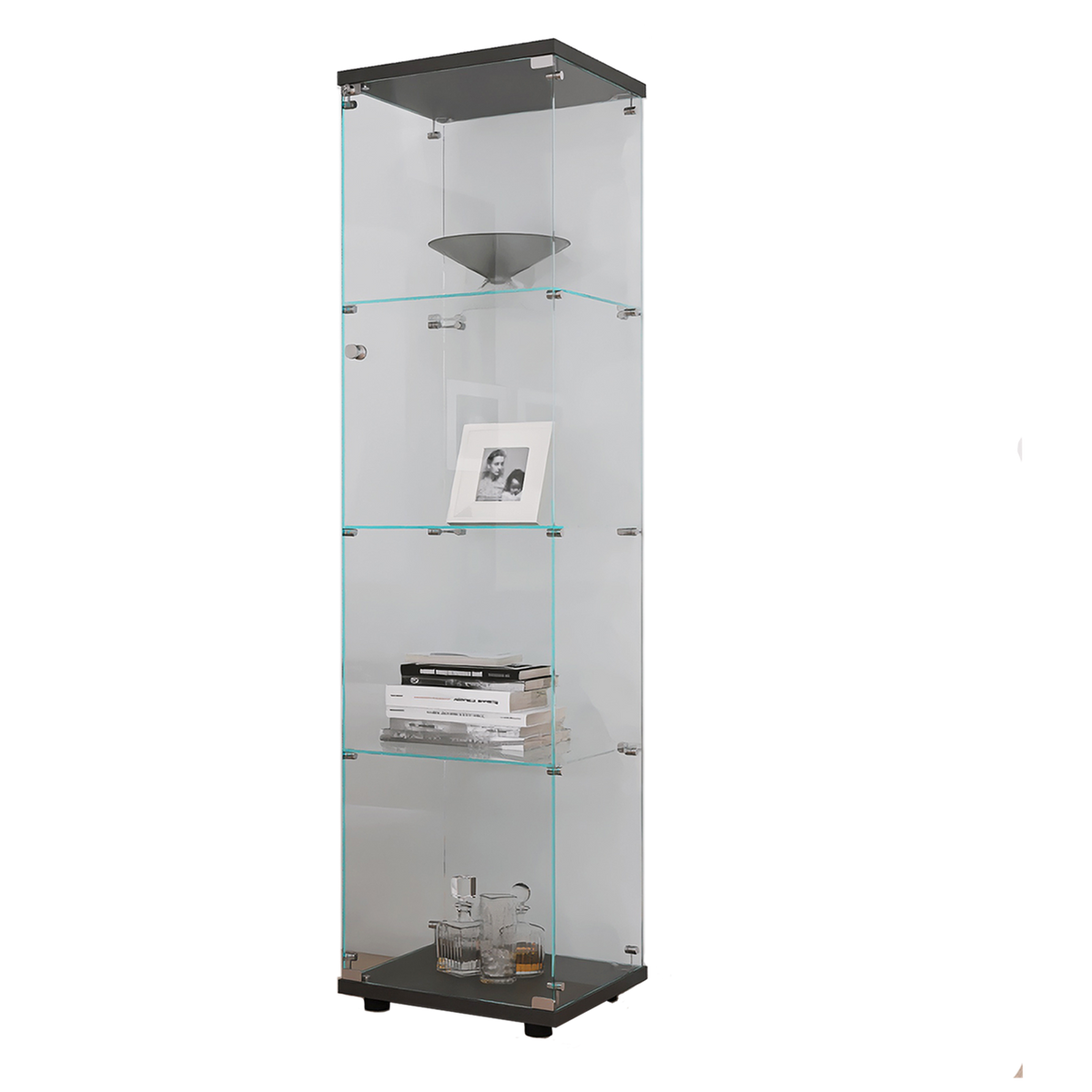 4 Shelves Glass Cabinet Glass Display Cabinet with One Door, Black - Grand Goldman Shop
