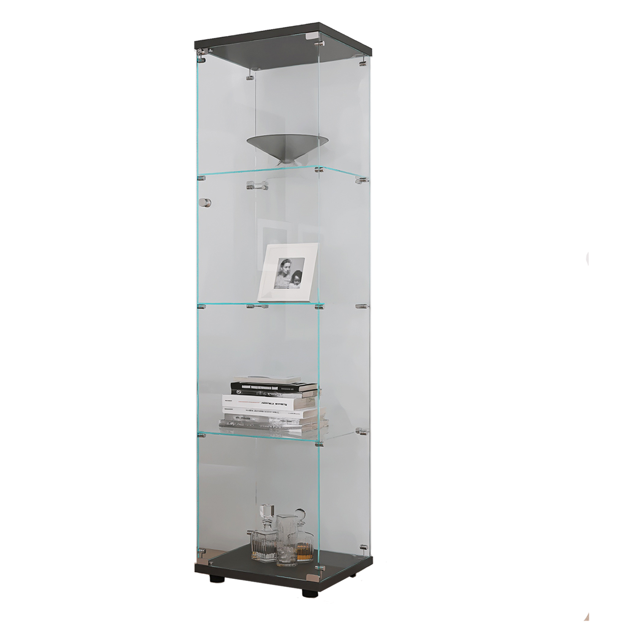 4 Shelves Glass Cabinet Glass Display Cabinet with One Door, Black - Grand Goldman Shop