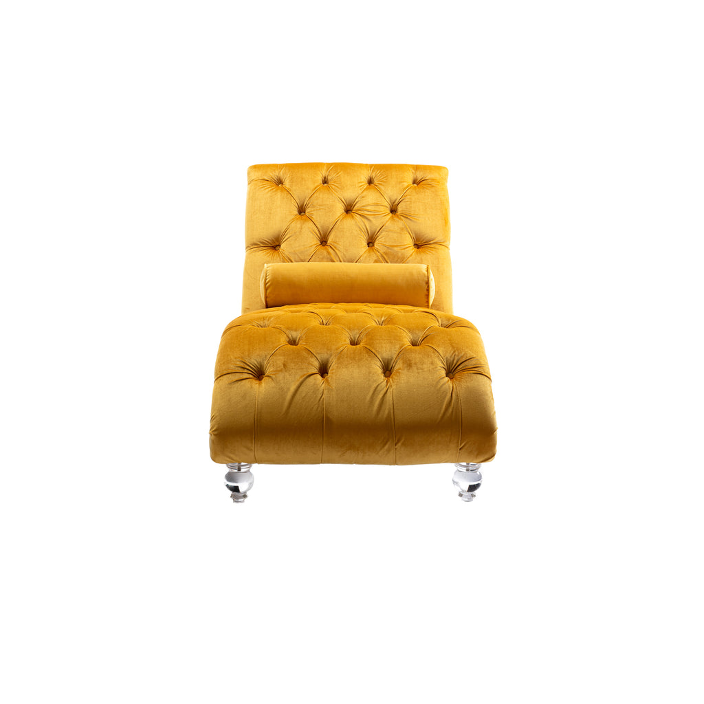 Velvet Button-Tufted Upholstered Chaise Lounge Chair with Pillow for Bedroom Living Room Office, Mustard - Grand Goldman Shop