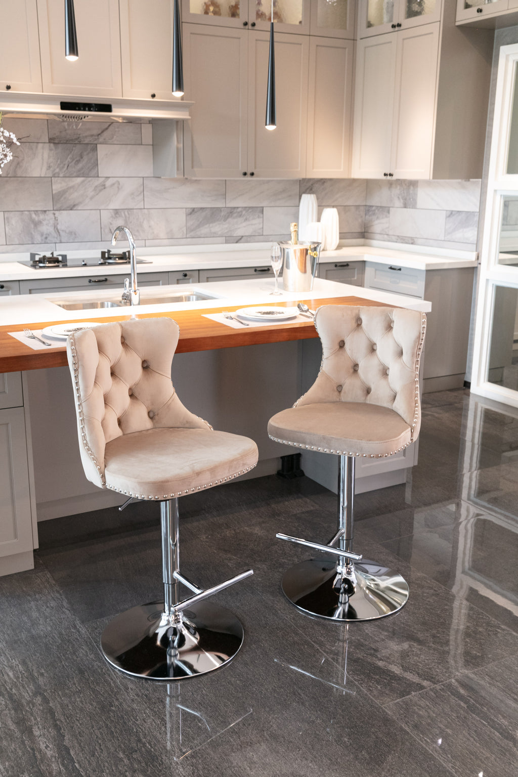 A&A Furniture,Swivel Velvet Barstools Adjusatble Seat Height from 25-33 Inch, Modern Upholstered Chrome base Bar Stools with Backs Comfortable Tufted for Home Pub and Kitchen Island（Khaki,Set of 2） - Grand Goldman Shop