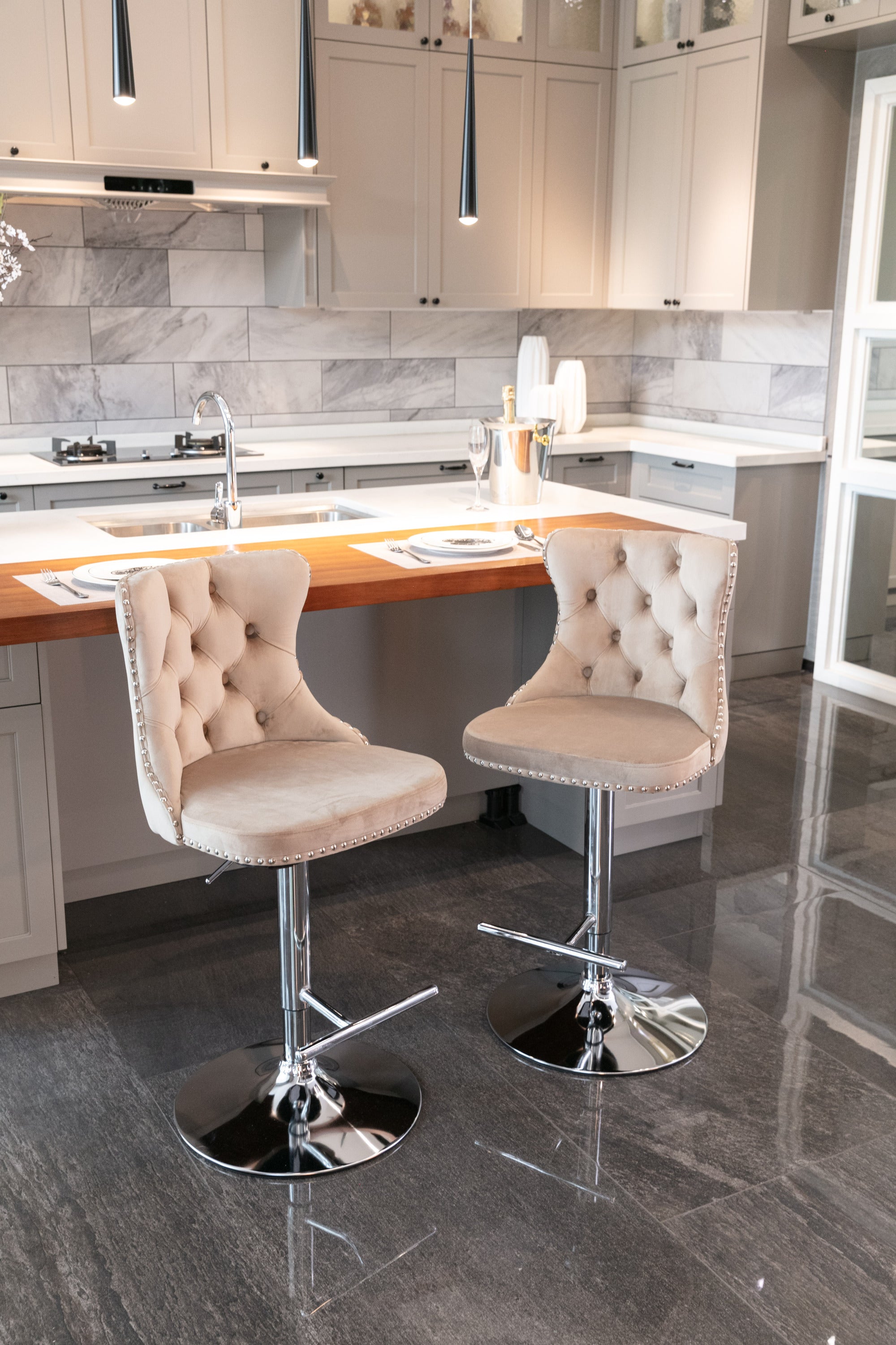 A&A Furniture,Swivel Velvet Barstools Adjusatble Seat Height from 25-33 Inch, Modern Upholstered Chrome base Bar Stools with Backs Comfortable Tufted for Home Pub and Kitchen Island（Khaki,Set of 2） - Grand Goldman Shop