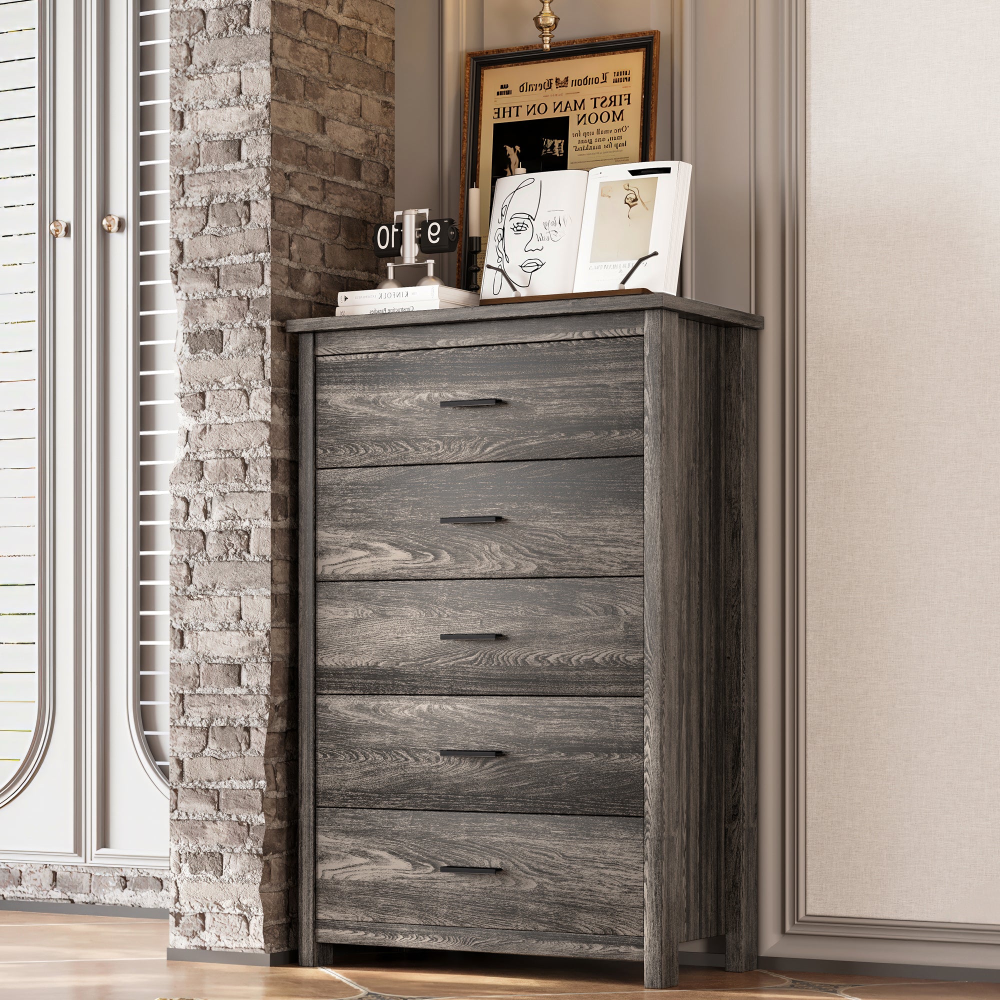 4PCS Bedroom Sets, Wooden Queen Size Bed Frame with Storage Headboard and Charging Station, 2 Nightstands with 2 Drawers, 1 Dresser with 5 Drawers, Antique Gray - Grand Goldman Shop