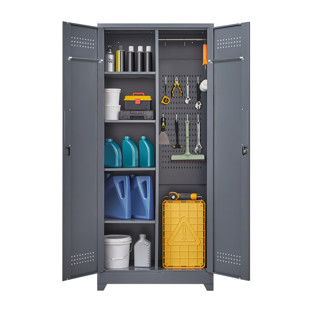 Gray And White Color Metal Lockers, Cleaning Tool Cabinets With Locking Doors, High Broom Tool Storage Cabinets, Adjustable S