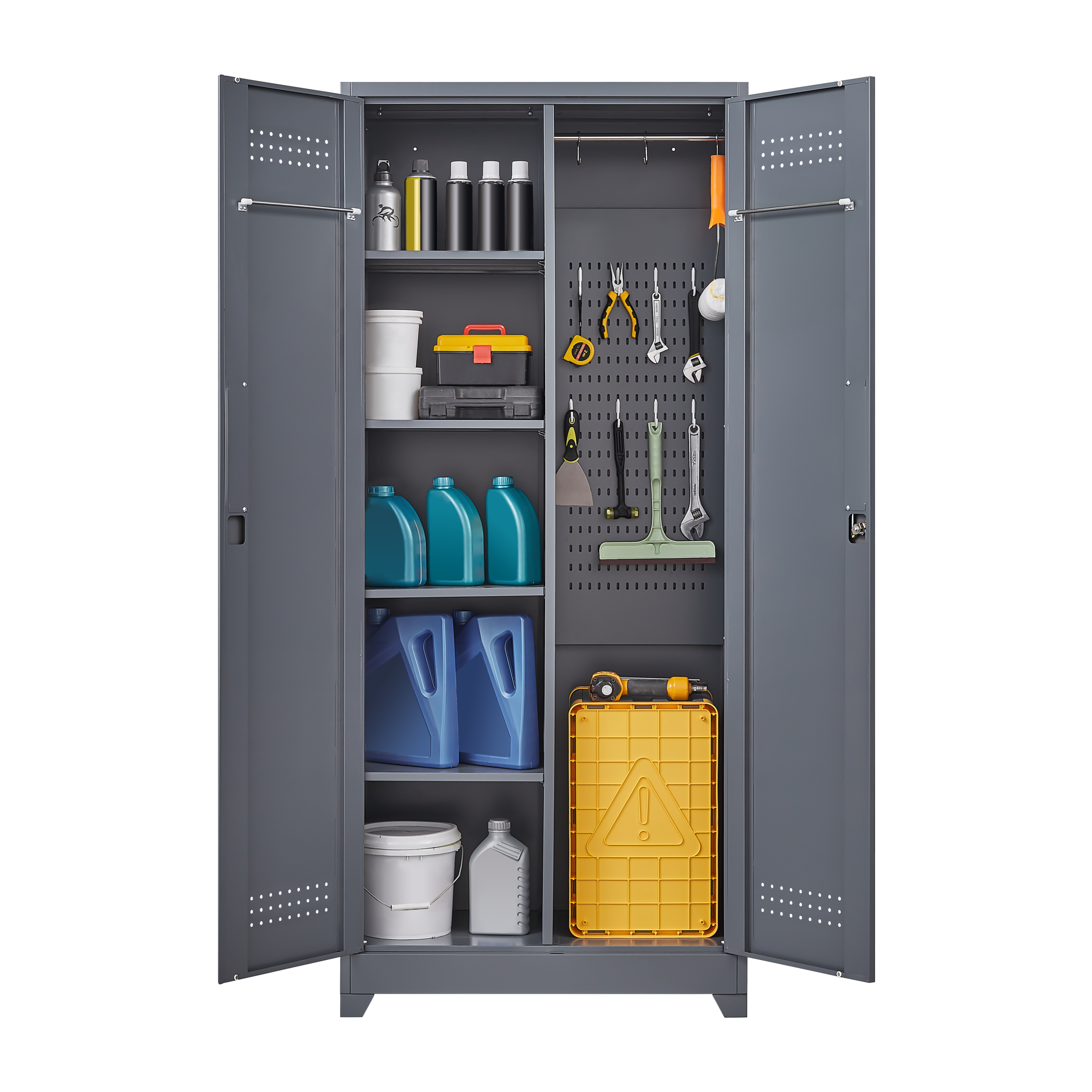 Gray And White Color Metal Lockers, Cleaning Tool Cabinets With Locking Doors, High Broom Tool Storage Cabinets, Adjustable S
