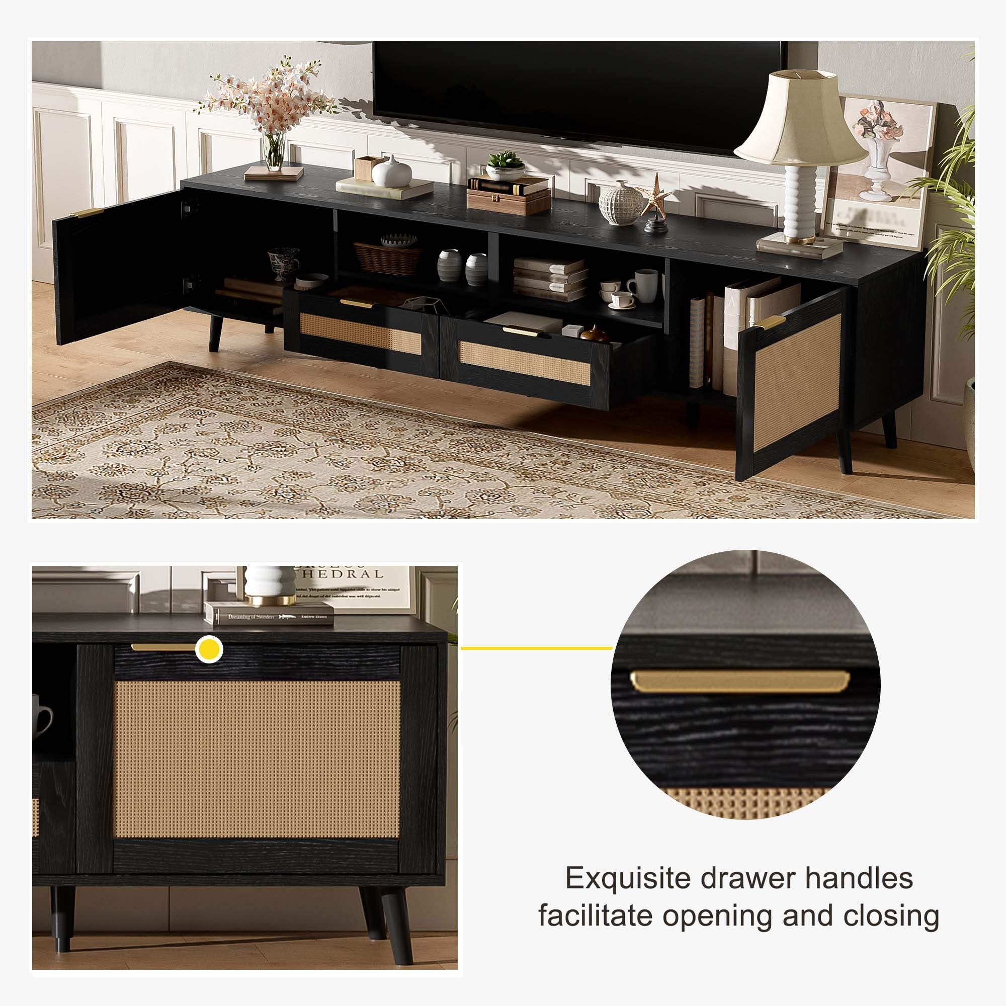 Modern Farmhouse Rattan TV Stand for TVs up to 85'', Black MDF and Solid Wood Media Console with Cable Management, 78.74'' L x 14.6'' W x 18.9'' H - Grand Goldman Shop