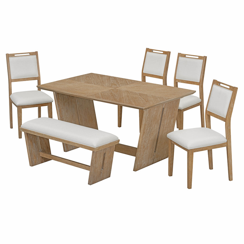 TREXM 6-Piece Retro Dining Table Set for 6, 60' Wood Kitchen Table and Chairs Set of 4 with Bench Designed Trestle Base for kitchen & Dining Room (Natural Wood Wash) - Grand Goldman Shop