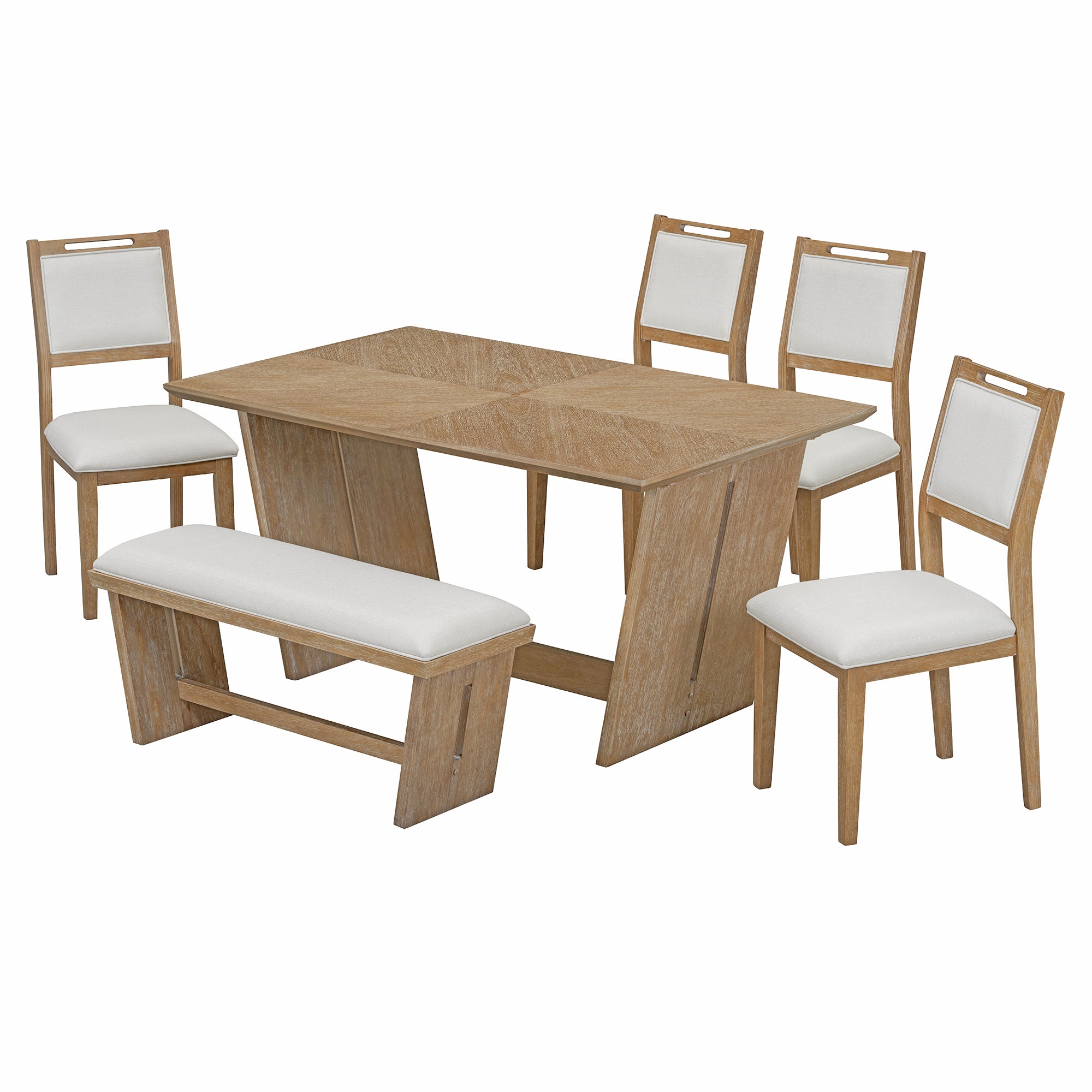 TREXM 6-Piece Retro Dining Table Set for 6, 60' Wood Kitchen Table and Chairs Set of 4 with Bench Designed Trestle Base for kitchen & Dining Room (Natural Wood Wash) - Grand Goldman Shop