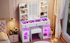 43.2' Vanity Desk with LED Mirror and Lights, Glass Top Vanity with RGB Glass Light Cabinets, Dressing Table with 3 Drawers ,Storage Shelves and Stool for Bedroom, White - Grand Goldman Shop