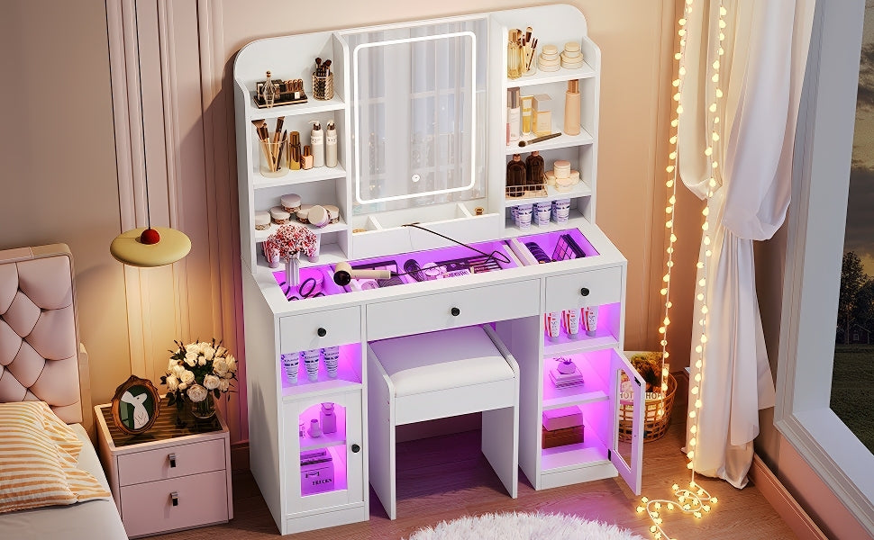43.2' Vanity Desk with LED Mirror and Lights, Glass Top Vanity with RGB Glass Light Cabinets, Dressing Table with 3 Drawers ,Storage Shelves and Stool for Bedroom, White - Grand Goldman Shop