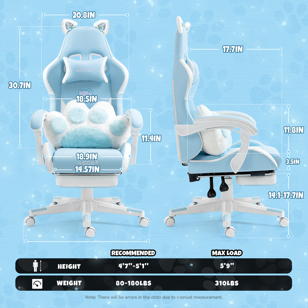 Cat Ears Gaming Chair - Ergonomic PU Leather Office Chair, Cute Chair with Footrest for Adult 310lbs Capacity, 90°-155° Recli