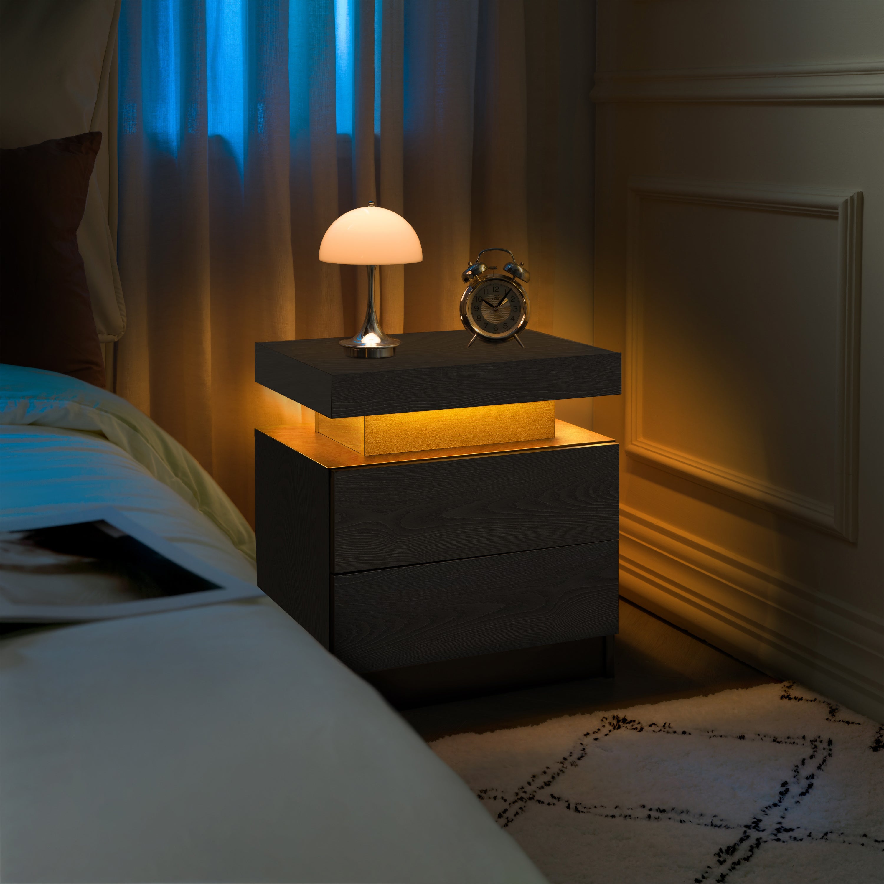 Nightstand LED Bedside Table Cabinet Lights Modern End Side with 2 Drawers for Bedroom (Black Woodgrain) - Grand Goldman Shop