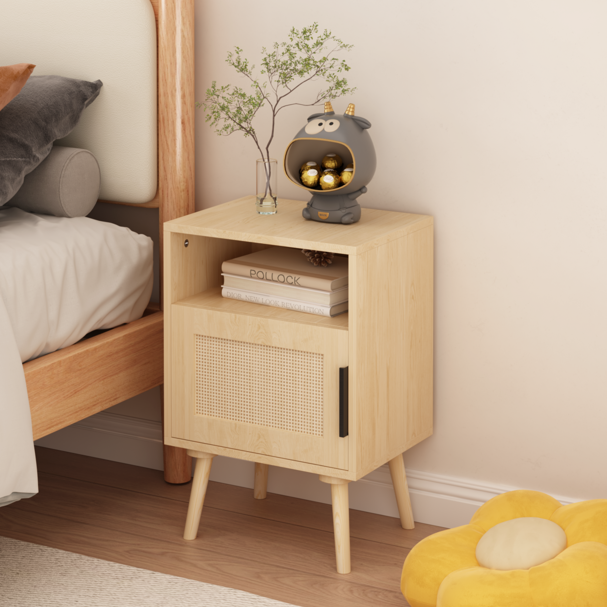 Oak Finish Rattan Nightstand with Solid Wood Legs, 22.83'' H Side Table with Door and Open Shelf for Bedroom, Dorm, and Small Spaces - Grand Goldman Shop