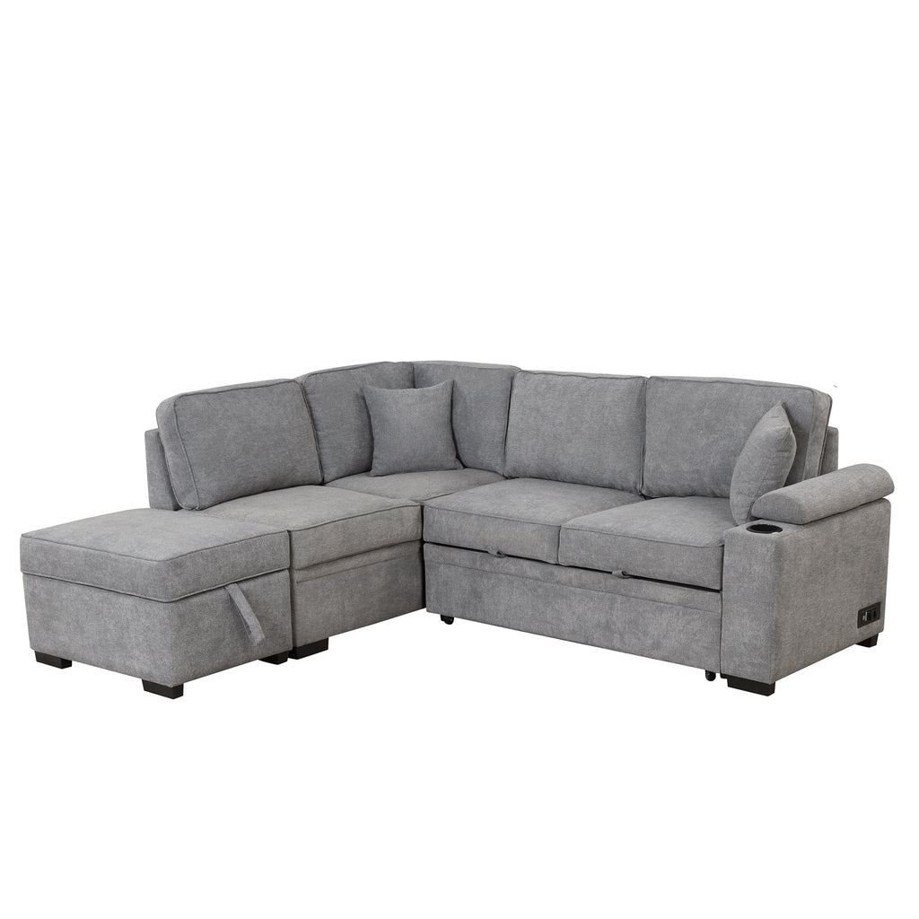 Modern Sleeper Sofa Bed with Storage Ottoman, Gray Linen, 84.75' L Shape Couch for Living Room or Apartment - Grand Goldman Shop