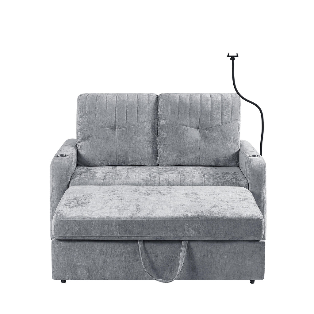 Modern Loveseat Pull-out Sofa Bed with Adjustable Backrest, Cup Holders, Phone Holder, Charging Ports, Side Storage Pockets, Grey Chenille - Grand Goldman Shop