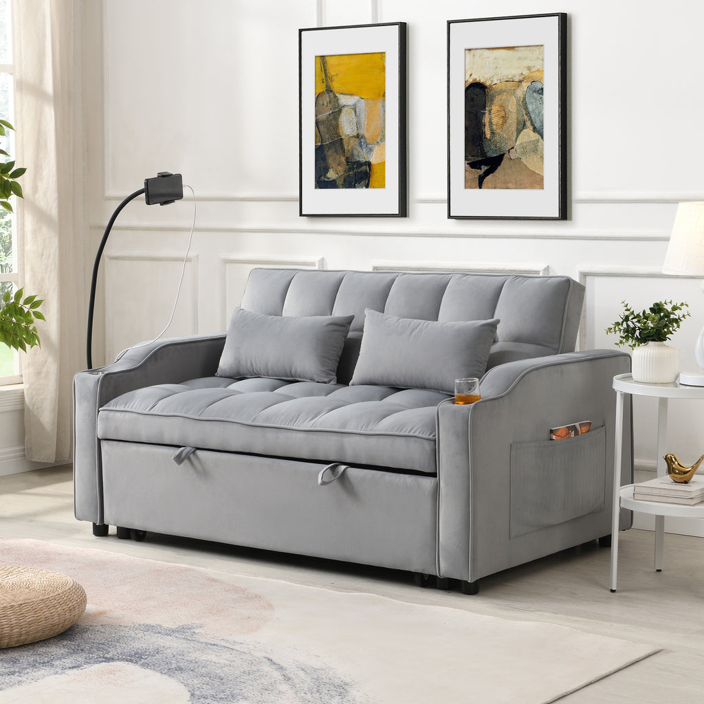 Modern Velvet Loveseat Futon Sofa Couch with Pullout Bed, Adjustable Backrest, Toss Pillows, Light Gray - Grand Goldman Shop