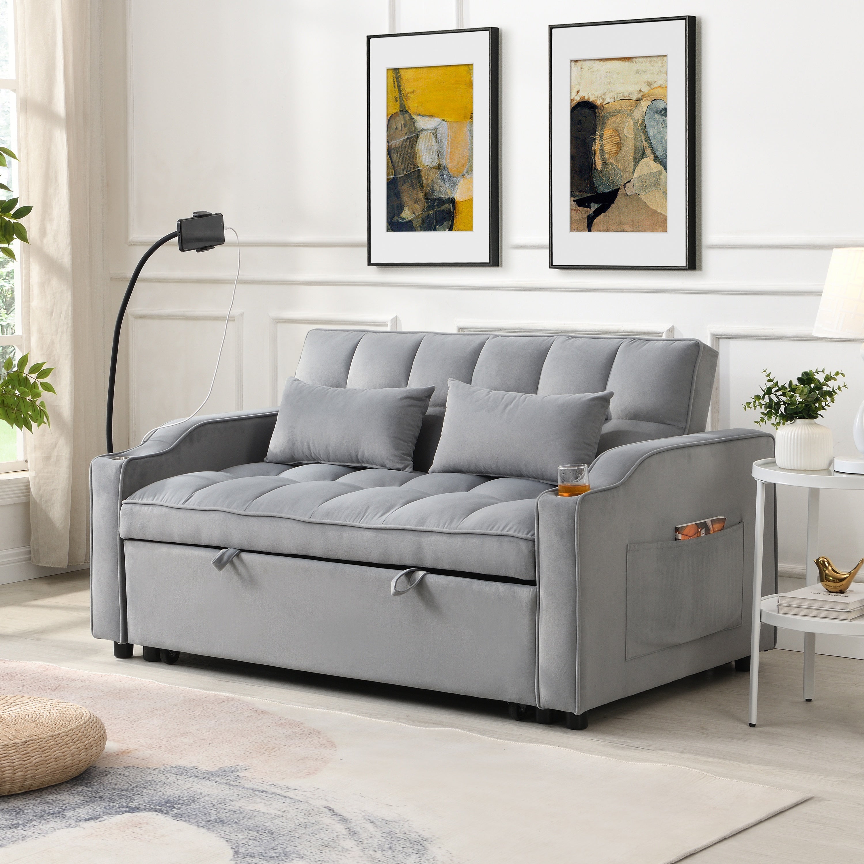 Modern Velvet Loveseat Futon Sofa Couch with Pullout Bed, Adjustable Backrest, Toss Pillows, Light Gray - Grand Goldman Shop