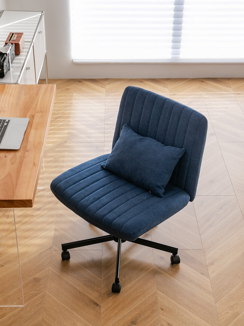 Modern Linen Blue Criss Cross Office Chair with Adjustable Height, Ergonomic Design, and Breathable Fabric in Blue Linen Mate