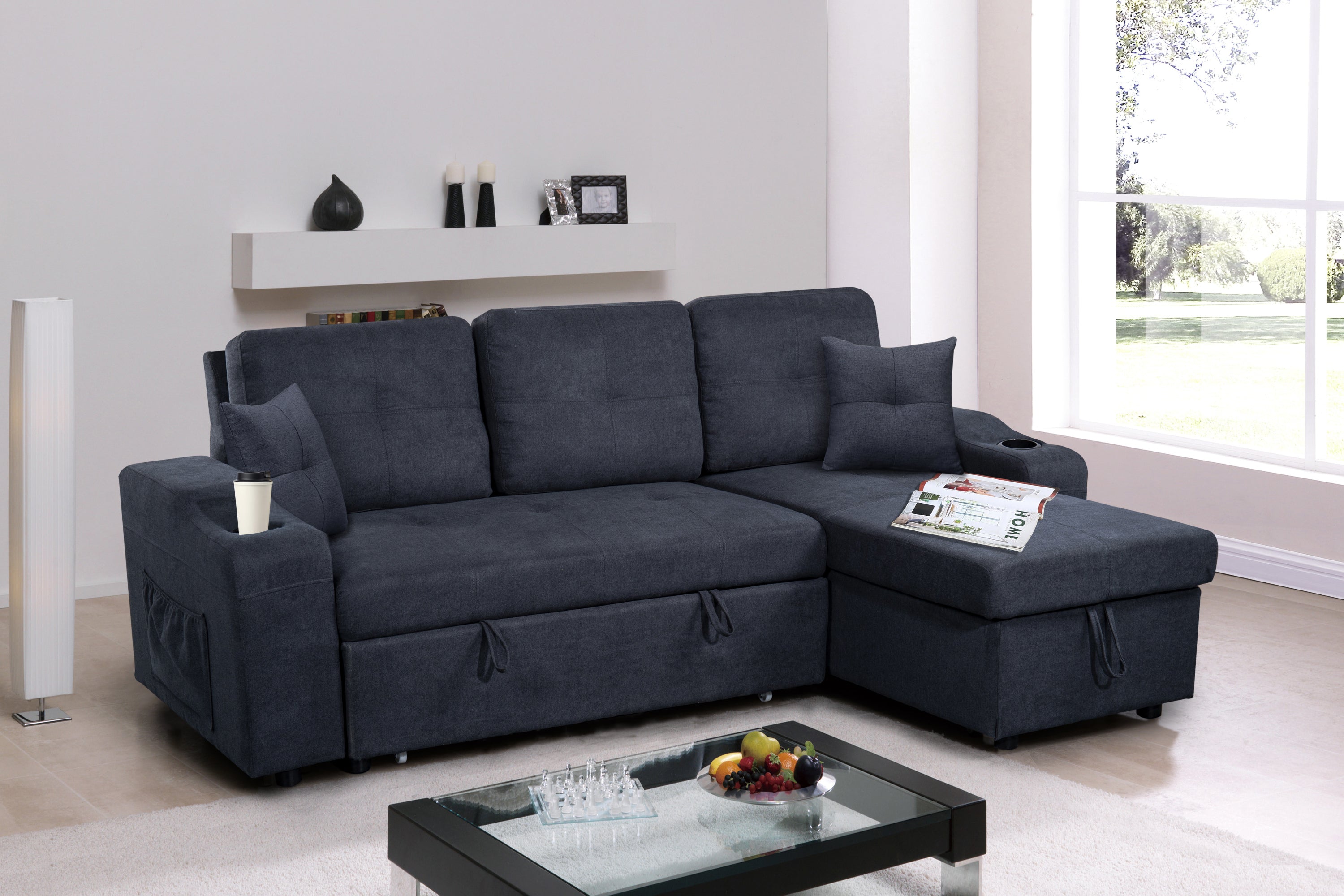 Right-facing sectional sofa with footrest, convertible corner sofa with armrest storage, living room and apartment sectional sofa, right chaise longue and  dark  grey - Grand Goldman Shop
