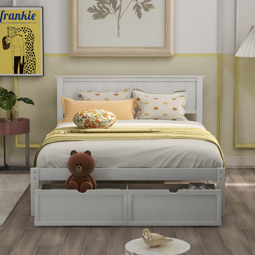 White Full Size Platform Bed with Under-bed Drawers, Solid Pine Wood and MDF, 78.3''L x 58.5''W x 36.2''H - Grand Goldman Shop