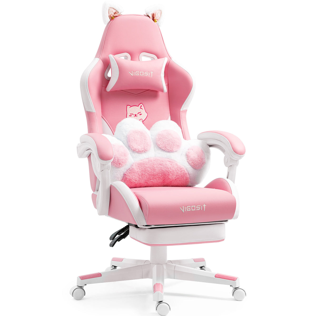 Cat Ears Pink Gaming Chair - Pink PU Leather Ergonomic Reclining Office Chair with Footrest, 310lb Capacity, 6-Position Recli