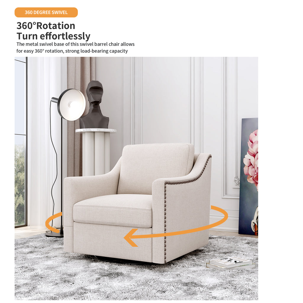 Ergonomic Swivel Armchair with Cotton Linen Upholstery and Brass Nail Decoration, Black Legs - Grand Goldman Shop