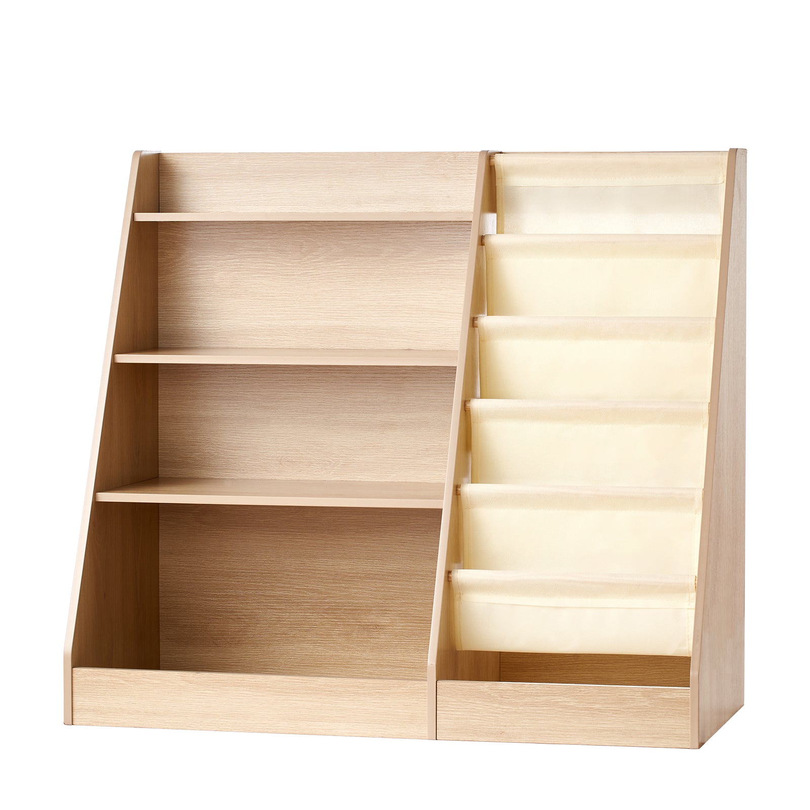 Wooden Kids Bookshelf 4-Tier, Toy Storage Organizer for Toddler, Book Shelf for Kids Rooms with 6-Layer Sling Book Rack, Baby