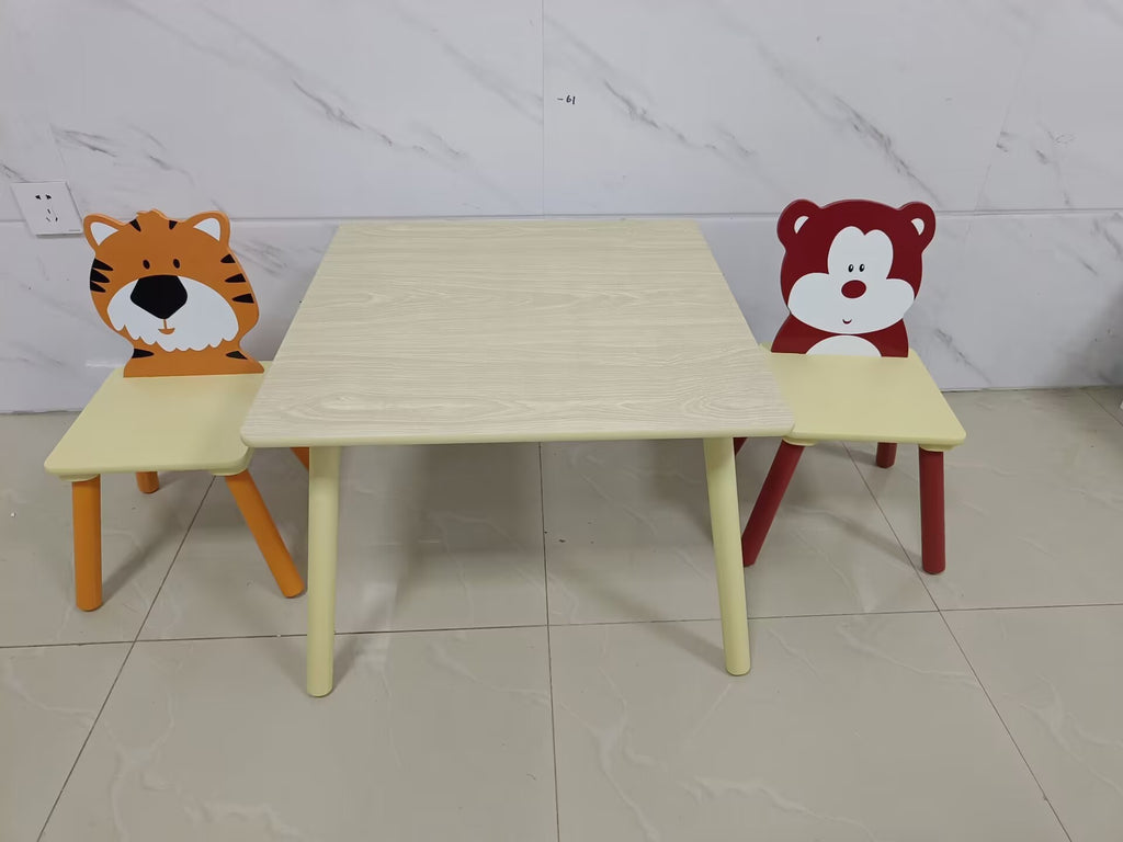Kids Table and 2 Chairs Set, Wooden Activity Play Table Set with Bear & Tiger Design in White & Orange, Solid Wood and MDF Co