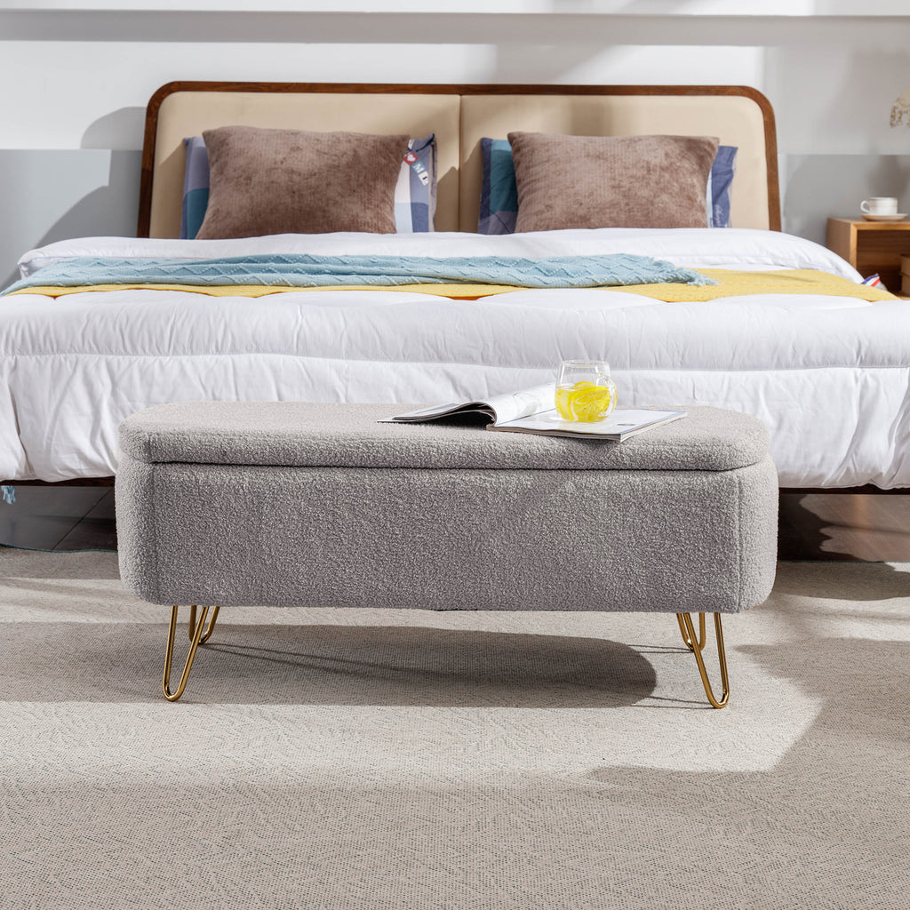 Grey Storage Ottoman Bench for End of Bed Gold Legs, Modern Grey Faux Fur Entryway Bench Upholstered Padded with Storage for Living Room Bedroom - Grand Goldman Shop