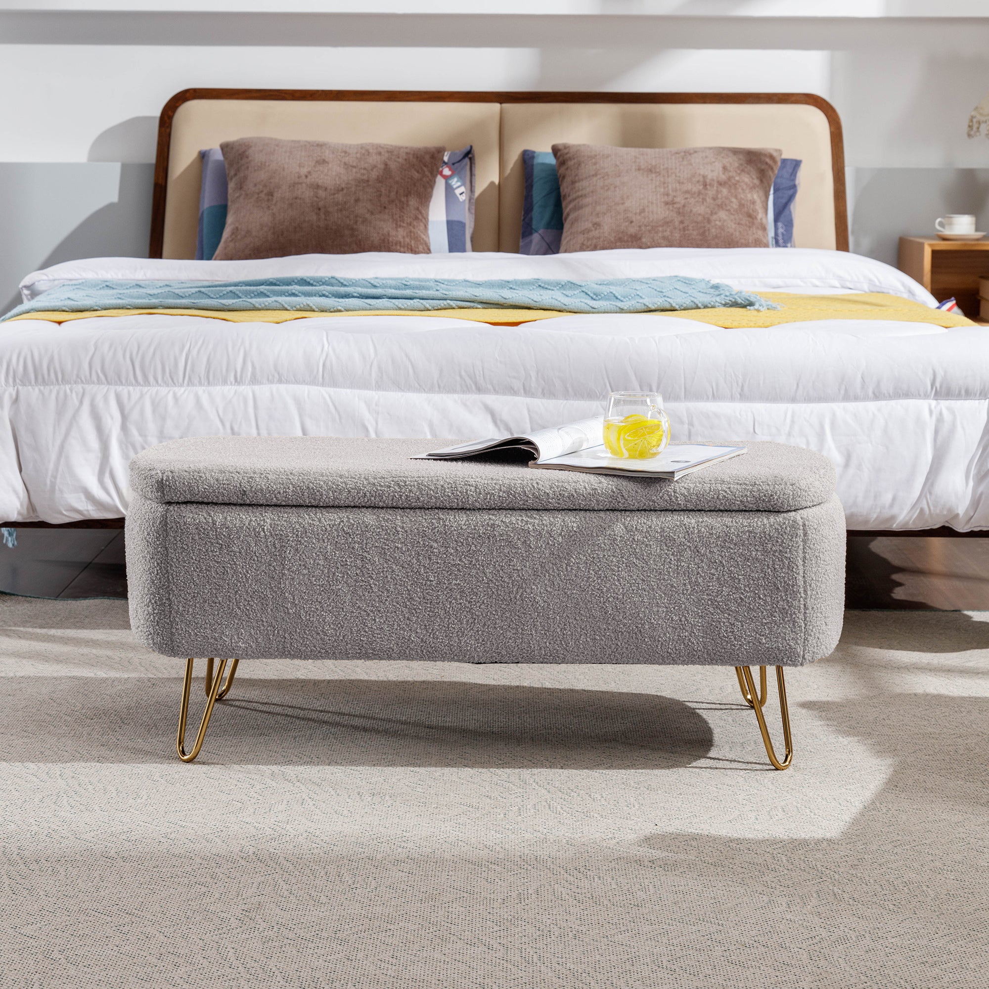 Grey Storage Ottoman Bench for End of Bed Gold Legs, Modern Grey Faux Fur Entryway Bench Upholstered Padded with Storage for Living Room Bedroom - Grand Goldman Shop