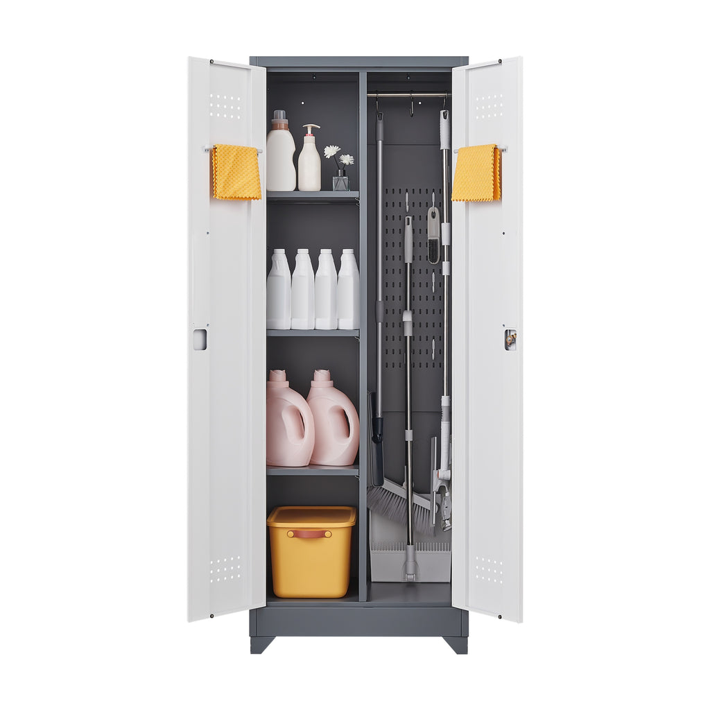 Heavy Duty Grey Metal Storage Cabinet with Locking Doors, Hanging Rod & Shelves, 65' H Broom Closet for Garage or Basement | 